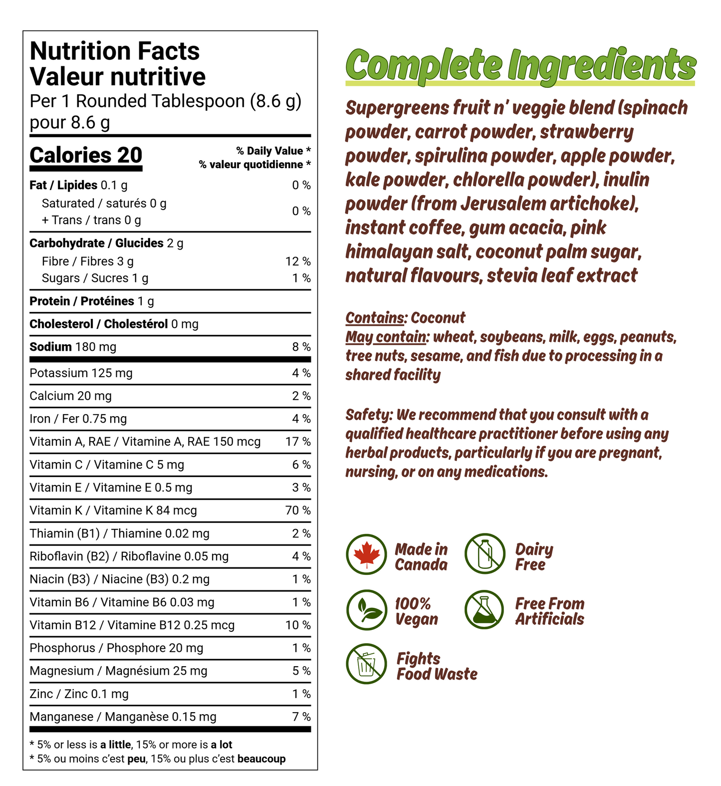Nutrition facts and complete ingredients list