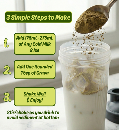 Instructional graphic showing how to make a drink with three steps: adding 175mL-275mL of any cold milk and ice, adding one rounded tablespoon of Grava powder, and shaking well. A spoon pours the brown powder into a clear plastic cup with ice and milk, set against a light background with green text boxes.